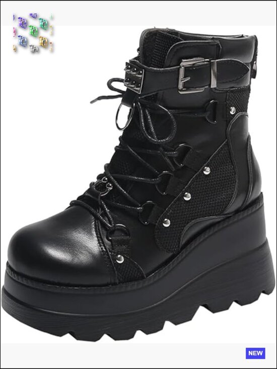 Shoes - Gothic Platform Combat Boots with Bat Wings Strap Detail Chunky Sole Lace up